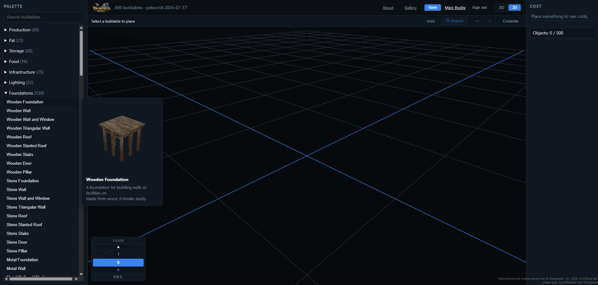The palette open on the Foundations category, with the search box visible, next to an empty grid.