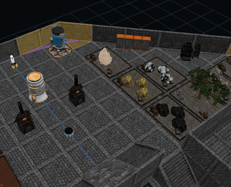 A production line laid out in the planner — ore pit, smelter, and workbench placed close together in sequence.